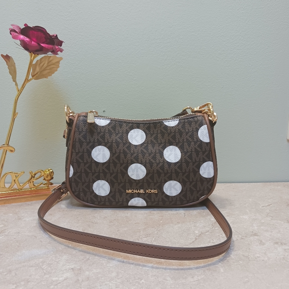 RESERVED 💖 NWOT Michael Kors Brown and White Crossbody Bag with Polka Dots